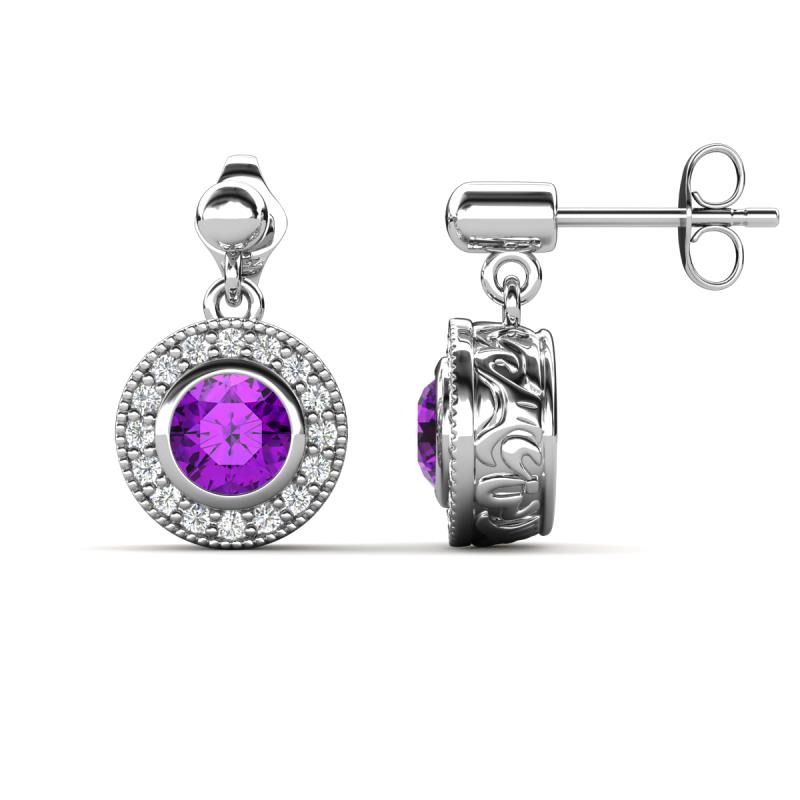 Gila 1.56 ctw (5.50 mm) Round Amethyst and Natural Diamond Halo Drop and Dangle Earrings 