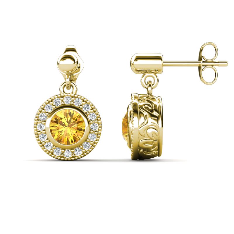 Gila 1.56 ctw (5.50 mm) Round Citrine and Natural Diamond Halo Drop and Dangle Earrings 