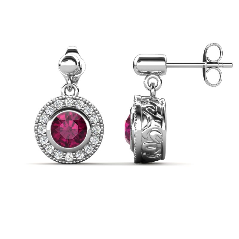 Gila 1.69 ctw (5.50 mm) Round Rhodolite Garnet and Natural Diamond Halo Drop and Dangle Earrings 