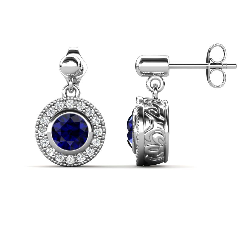 Gila 1.66 ctw (5.50 mm) Round Lab Created Blue Sapphire and Natural Diamond Halo Drop and Dangle Earrings 