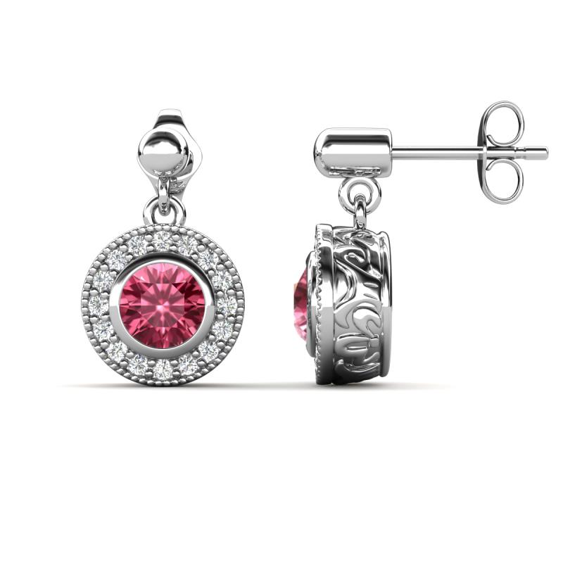 Gila 1.56 ctw (5.50 mm) Round Pink Tourmaline and Natural Diamond Halo Drop and Dangle Earrings 