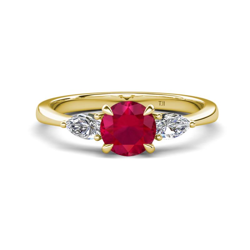 Zelia 1.35 ctw (6.00 mm) Round Ruby and Pear Shape Natural Diamond Three Stone Engagement Ring 