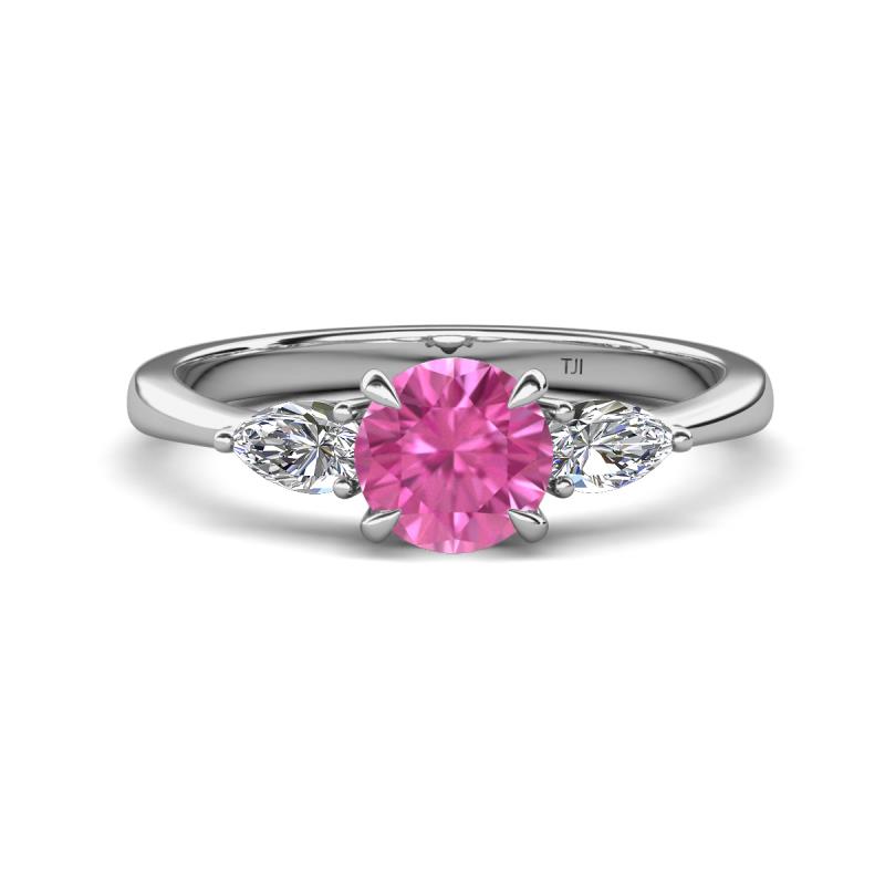 Zelia 1.35 ctw (6.00 mm) Round Pink Sapphire and Pear Shape Natural Diamond Three Stone Engagement Ring 