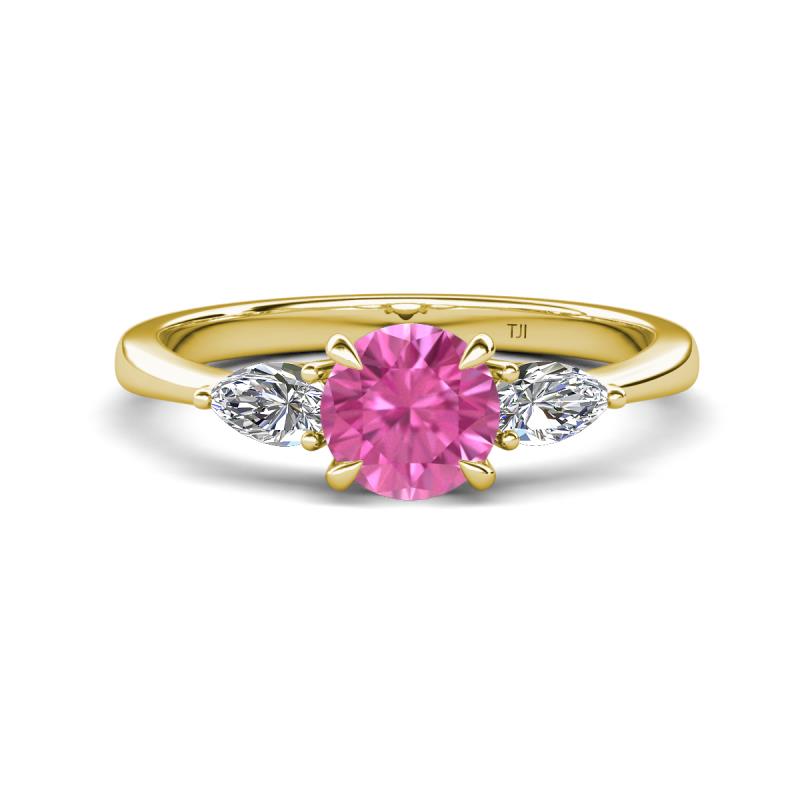 Zelia 1.35 ctw (6.00 mm) Round Pink Sapphire and Pear Shape Natural Diamond Three Stone Engagement Ring 
