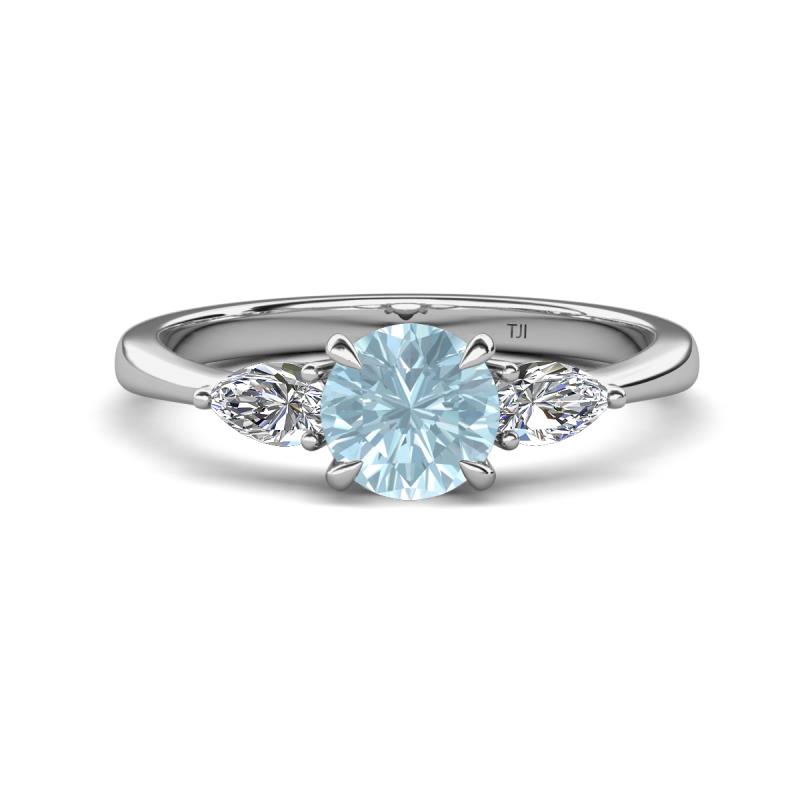 Zelia 1.27 ctw (6.50 mm) Round Aquamarine and Pear Shape Natural Diamond Three Stone Engagement Ring 