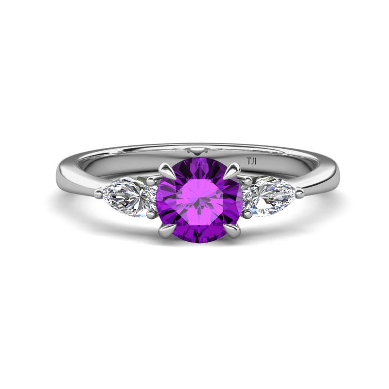 Zelia 1.27 ctw (6.50 mm) Round Amethyst and Pear Shape Natural Diamond Three Stone Engagement Ring 