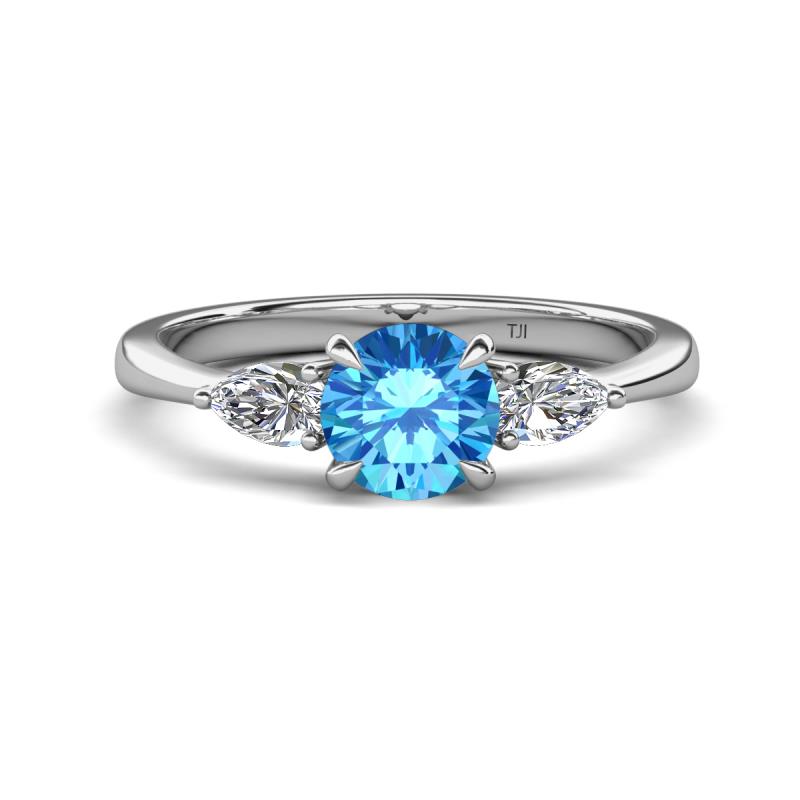 Zelia 1.35 ctw (6.50 mm) Round Blue Topaz and Pear Shape Natural Diamond Three Stone Engagement Ring 