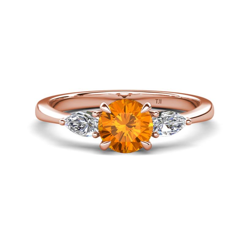 Zelia 1.27 ctw (6.50 mm) Round Citrine and Pear Shape Natural Diamond Three Stone Engagement Ring 