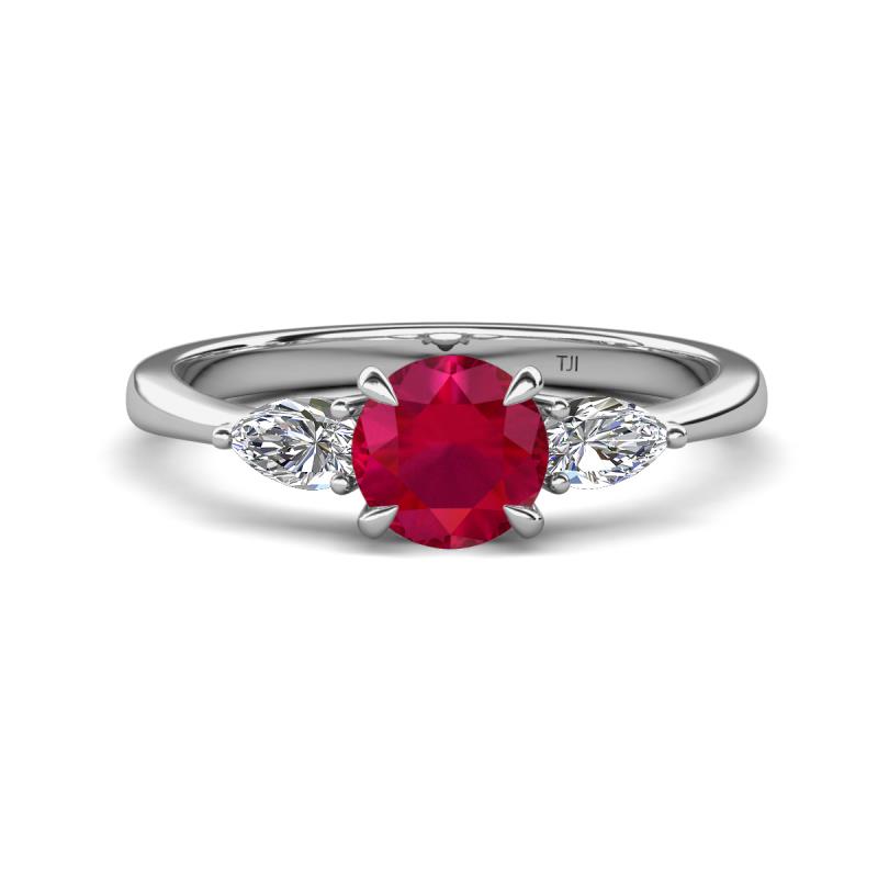 Zelia 1.35 ctw (6.00 mm) Round Ruby and Pear Shape Natural Diamond Three Stone Engagement Ring 