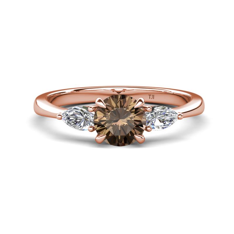 Zelia 1.40 ctw (6.50 mm) Round Smoky Quartz and Pear Shape Natural Diamond Three Stone Engagement Ring 