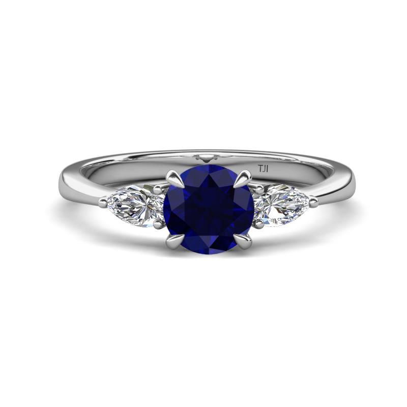 Zelia 1.55 ctw (6.00 mm) Round Blue Sapphire and Pear Shape Natural Diamond Three Stone Engagement Ring 