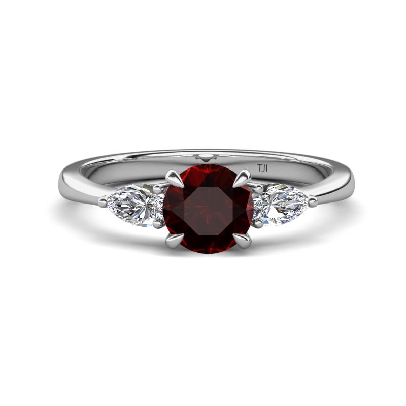 Zelia 1.45 ctw (6.50 mm) Round Red Garnet and Pear Shape Natural Diamond Three Stone Engagement Ring 