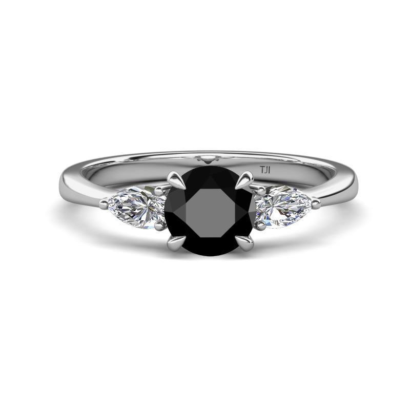 Zelia 1.40 ctw (6.00 mm) Round Black Diamond and Pear Shape Natural Diamond Three Stone Engagement Ring 