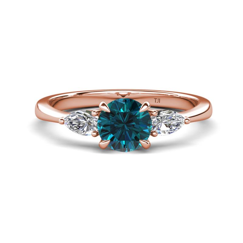 Zelia 1.20 ctw (6.00 mm) Round Blue Diamond and Pear Shape Natural Diamond Three Stone Engagement Ring 