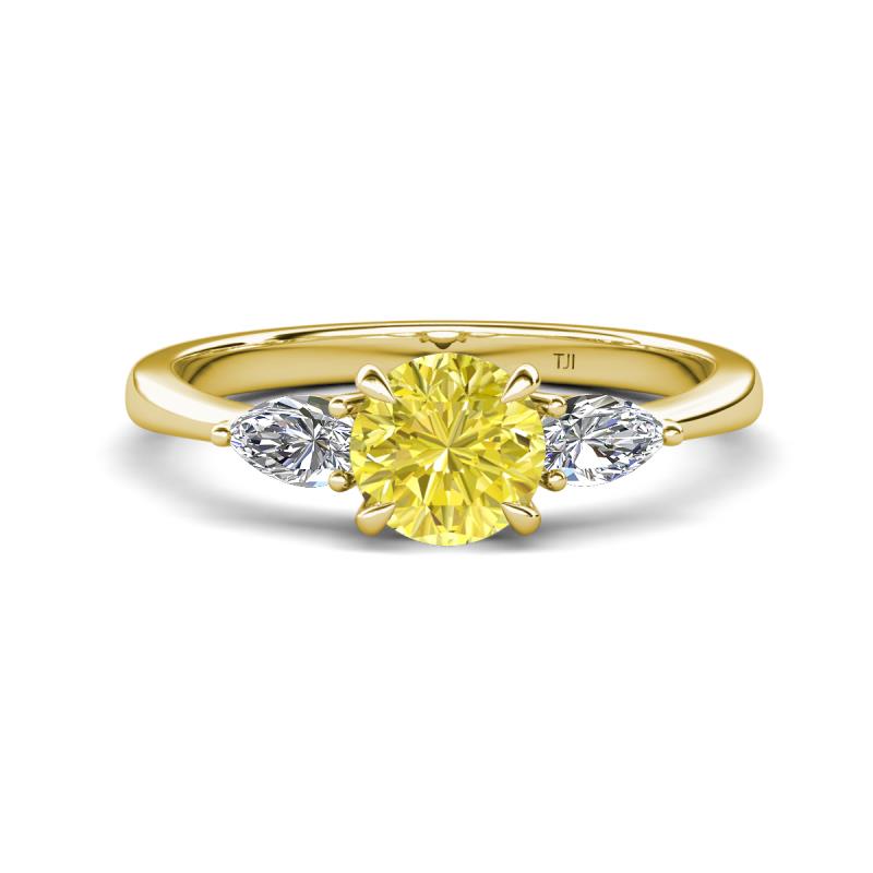 Zelia 1.20 ctw (6.00 mm) Round Yellow Diamond and Pear Shape Natural Diamond Three Stone Engagement Ring 