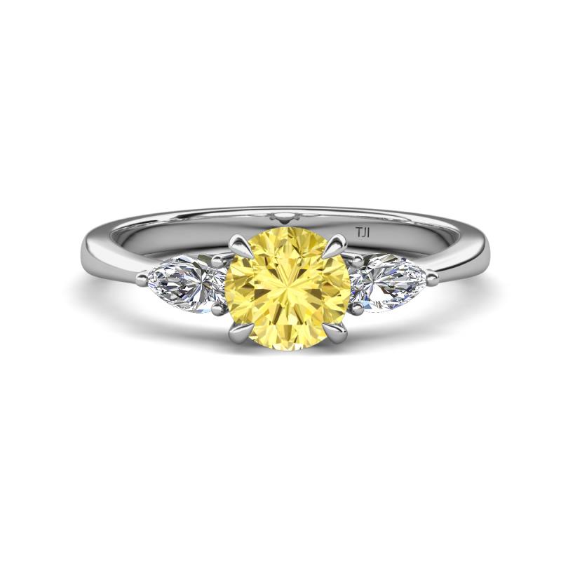 Zelia 1.35 ctw (6.00 mm) Round Yellow Sapphire and Pear Shape Natural Diamond Three Stone Engagement Ring 