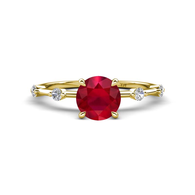 Nuria 1.06 ctw (6.50 mm) Round Ruby and Side Spaced Round Natural Diamond Engagement Ring 