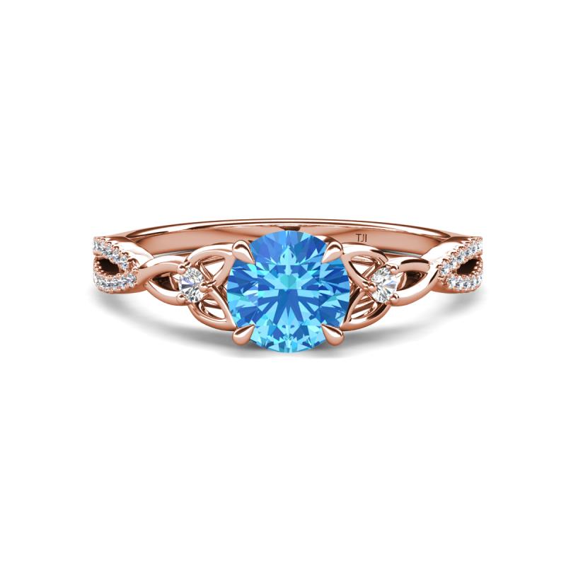 Benita 1.11 ctw (6.50 mm) Round Blue Topaz and Side Natural Diamond Celtic Love Knot Entwined Engagement Ring  
