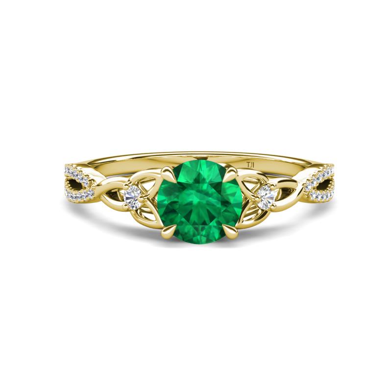 Benita 0.88 ctw (6.00 mm) Round Emerald and Side Natural Diamond Celtic Love Knot Entwined Engagement Ring  