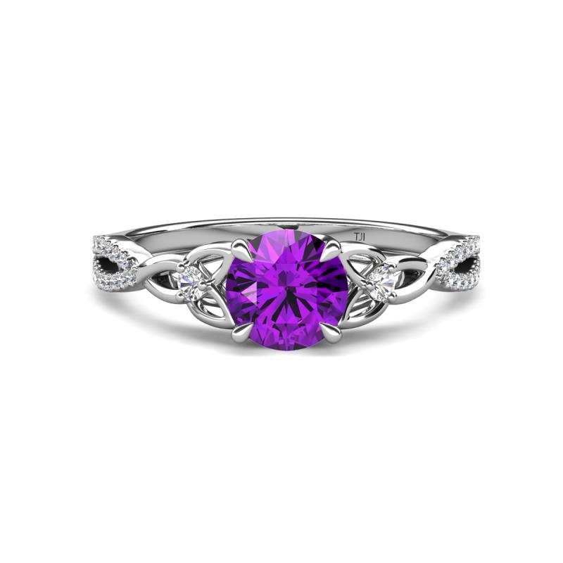 Benita 1.03 ctw (6.50 mm) Round Amethyst and Side Natural Diamond Celtic Love Knot Entwined Engagement Ring  