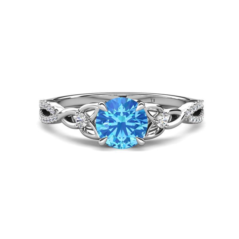 Benita 1.11 ctw (6.50 mm) Round Blue Topaz and Side Natural Diamond Celtic Love Knot Entwined Engagement Ring  