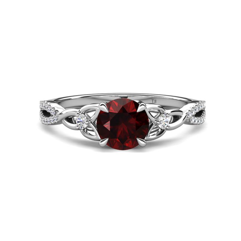 Benita 1.21 ctw (6.50 mm) Round Red Garnet and Side Natural Diamond Celtic Love Knot Entwined Engagement Ring  