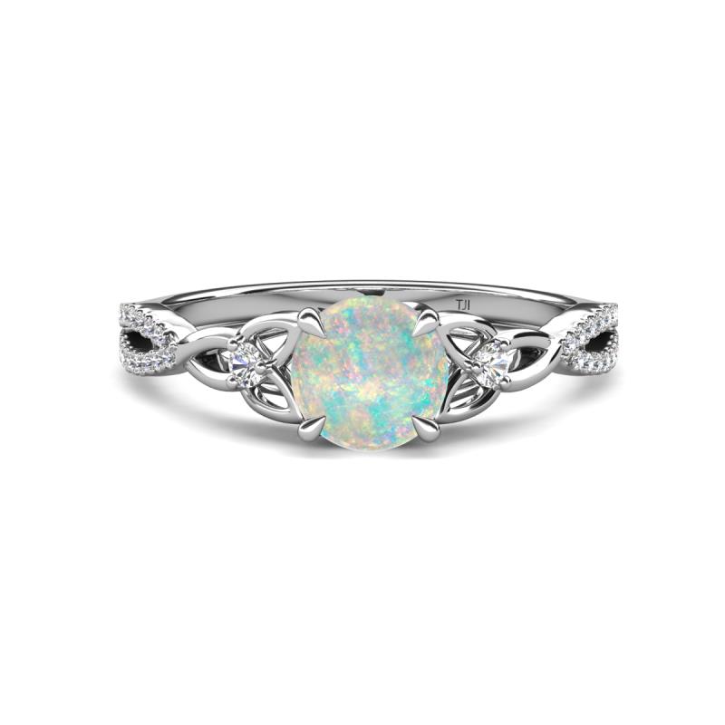 Benita 0.82 ctw (6.50 mm) Round Opal and Side Natural Diamond Celtic Love Knot Entwined Engagement Ring  