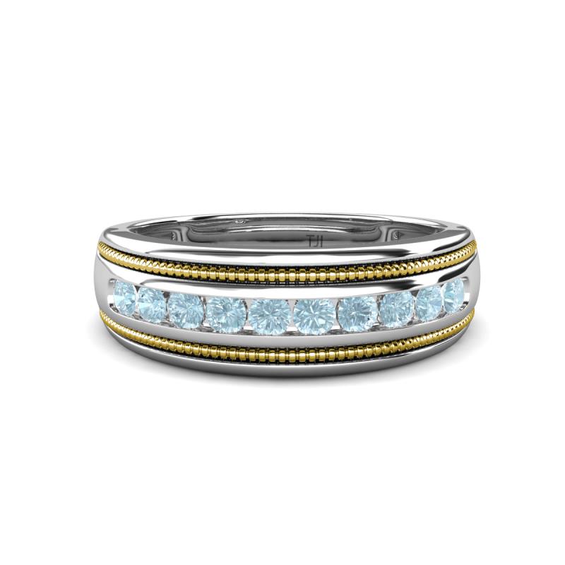 Zaid 0.35 ctw (2.40 mm) Round Aquamarine Two Toned and High Polished Edges Men Wedding Band 