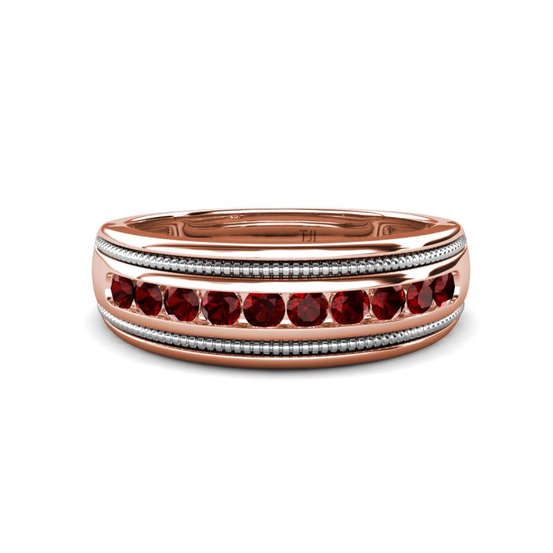 Zaid 0.63 ctw (2.40 mm) Round Red Garnet Two Toned and High Polished Edges Men Wedding Band 