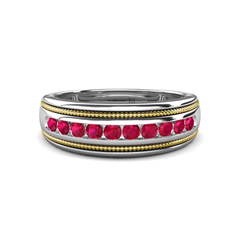 Zaid 0.55 ctw (2.40 mm) Round Ruby Two Toned and High Polished Edges Men Wedding Band 