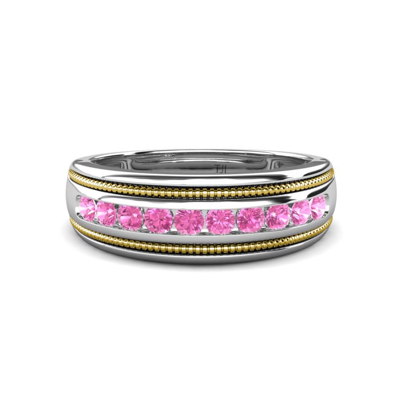 Zaid 0.55 ctw (2.40 mm) Round Pink Sapphire Two Toned and High Polished Edges Men Wedding Band 