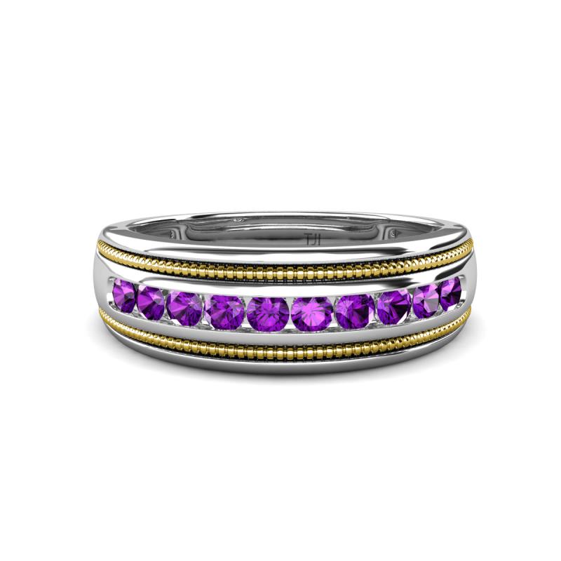 Zaid 0.35 ctw (2.40 mm) Round Amethyst Two Toned and High Polished Edges Men Wedding Band 