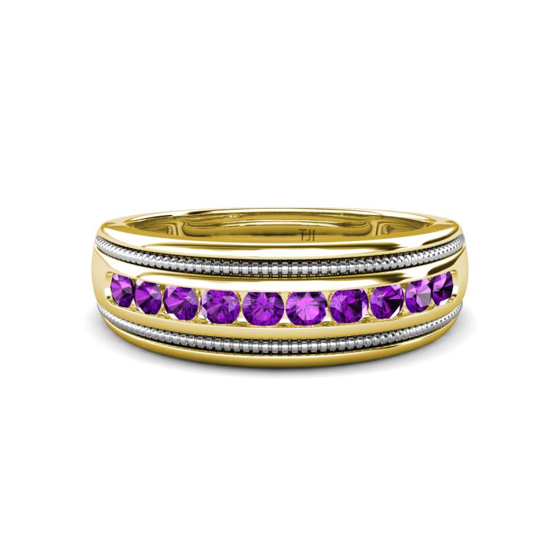 Zaid 0.35 ctw (2.40 mm) Round Amethyst Two Toned and High Polished Edges Men Wedding Band 