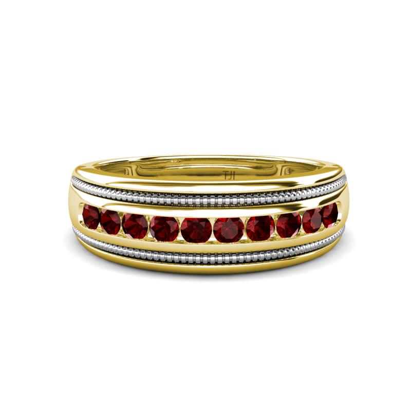 Zaid 0.63 ctw (2.40 mm) Round Red Garnet Two Toned and High Polished Edges Men Wedding Band 