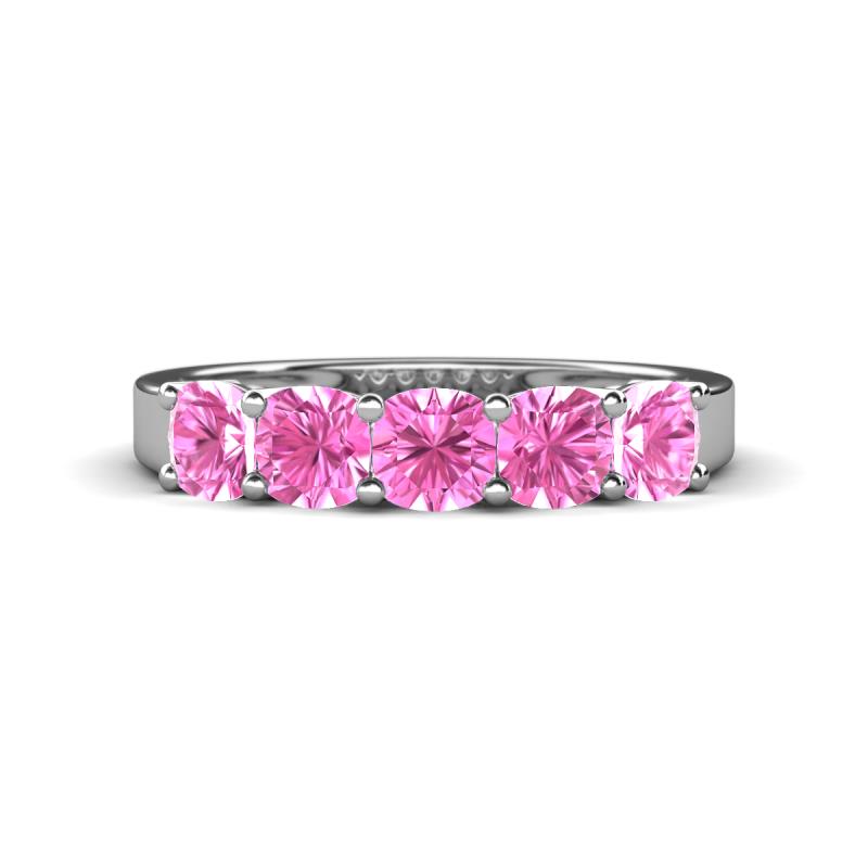 Wendy 2.20 ctw (4.00 mm) Cushion Shape Lab Created Pink Sapphire Side Gallery 5 Stone Wedding Band 