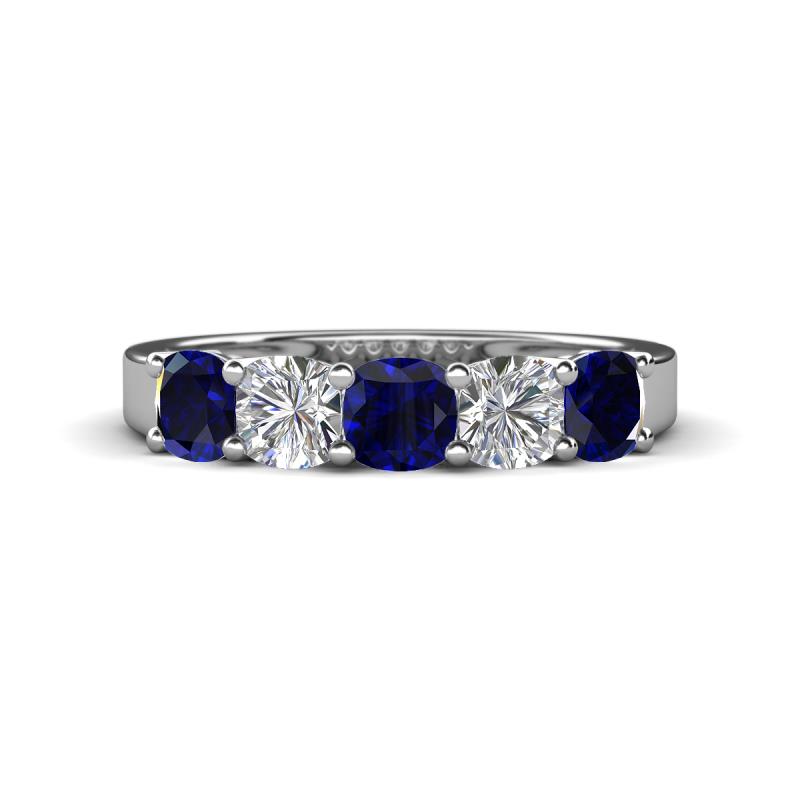 Wendy 2.06 ctw (4.00 mm) Cushion Shape Lab Created Blue Sapphire and Lab Grown Diamond Side Gallery 5 Stone Wedding Band 