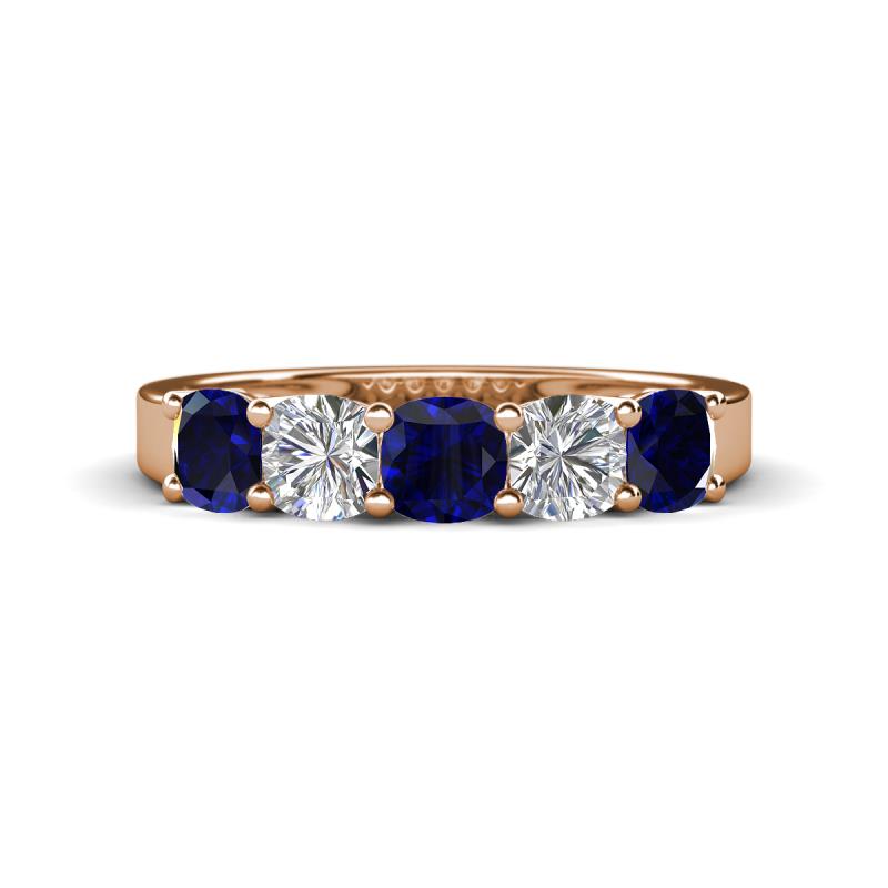 Wendy 2.06 ctw (4.00 mm) Cushion Shape Lab Created Blue Sapphire and Lab Grown Diamond Side Gallery 5 Stone Wedding Band 