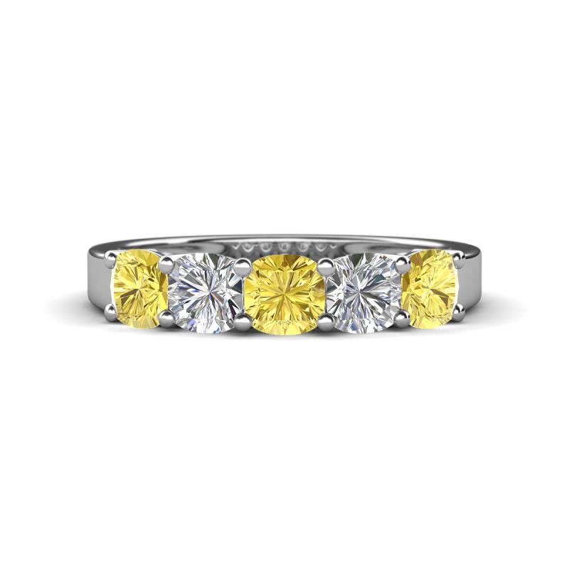 Wendy 2.06 ctw (4.00 mm) Cushion Shape Lab Created Yellow Sapphire and Lab Grown Diamond Side Gallery 5 Stone Wedding Band 