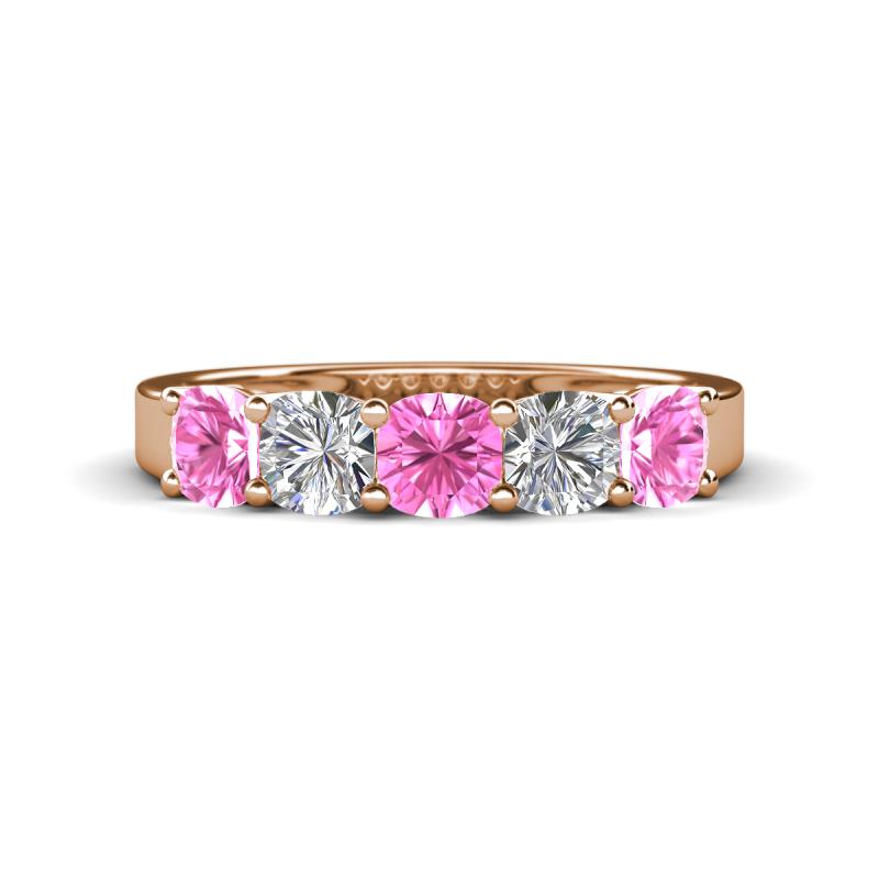 Wendy 2.06 ctw (4.00 mm) Cushion Shape Lab Created Pink Sapphire and Lab Grown Diamond Side Gallery 5 Stone Wedding Band 