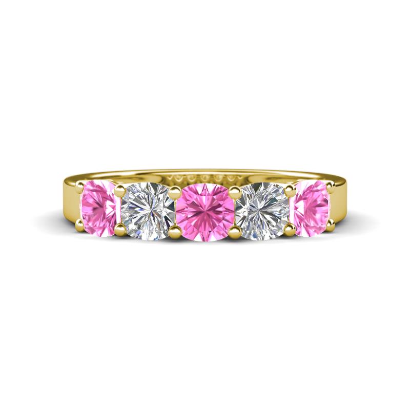 Wendy 2.06 ctw (4.00 mm) Cushion Shape Lab Created Pink Sapphire and Lab Grown Diamond Side Gallery 5 Stone Wedding Band 