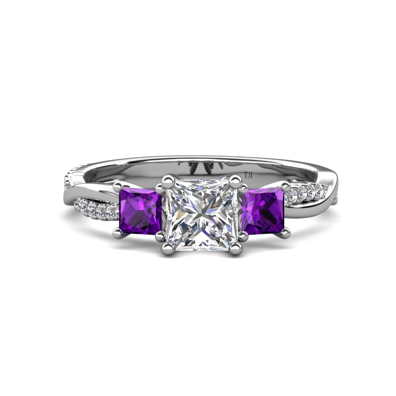 1.52 ctw (5.50 mm) 3 Stone Princess Cut Lab Grown Diamond and Amethyst  Twisted Vine Engagement Ring