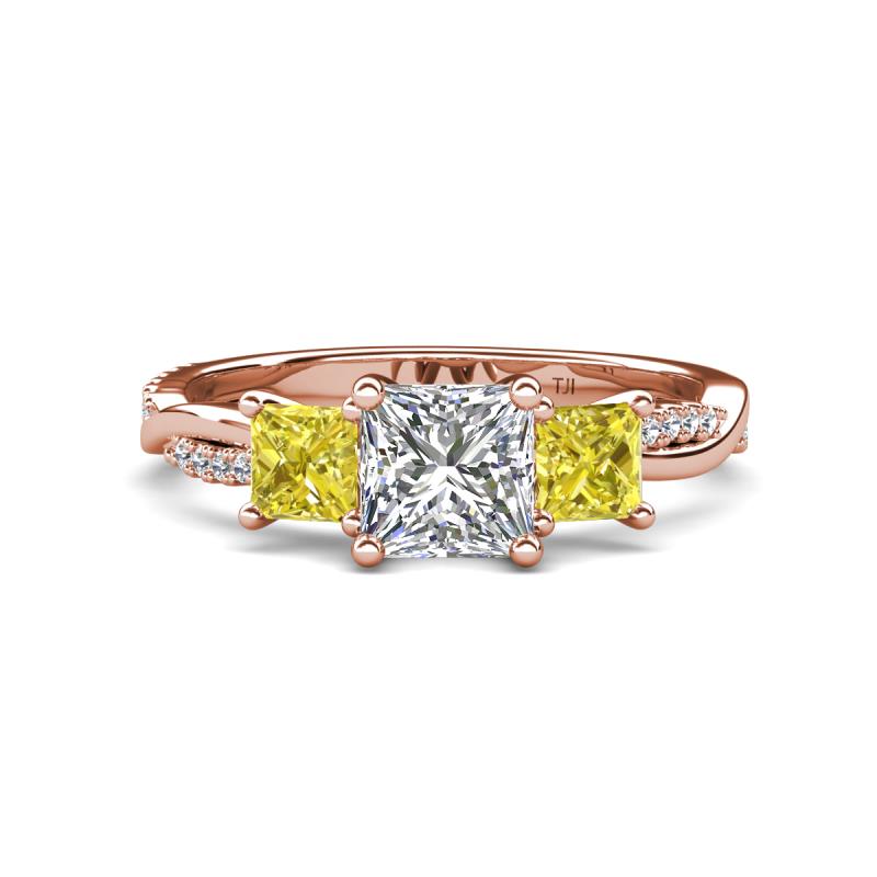 2.36 ctw (6.50 mm) GIA Certified 3 Stone Princess Cut Natural Diamond  (SI/G) and Yellow Diamond Twisted Vine Engagement Ring