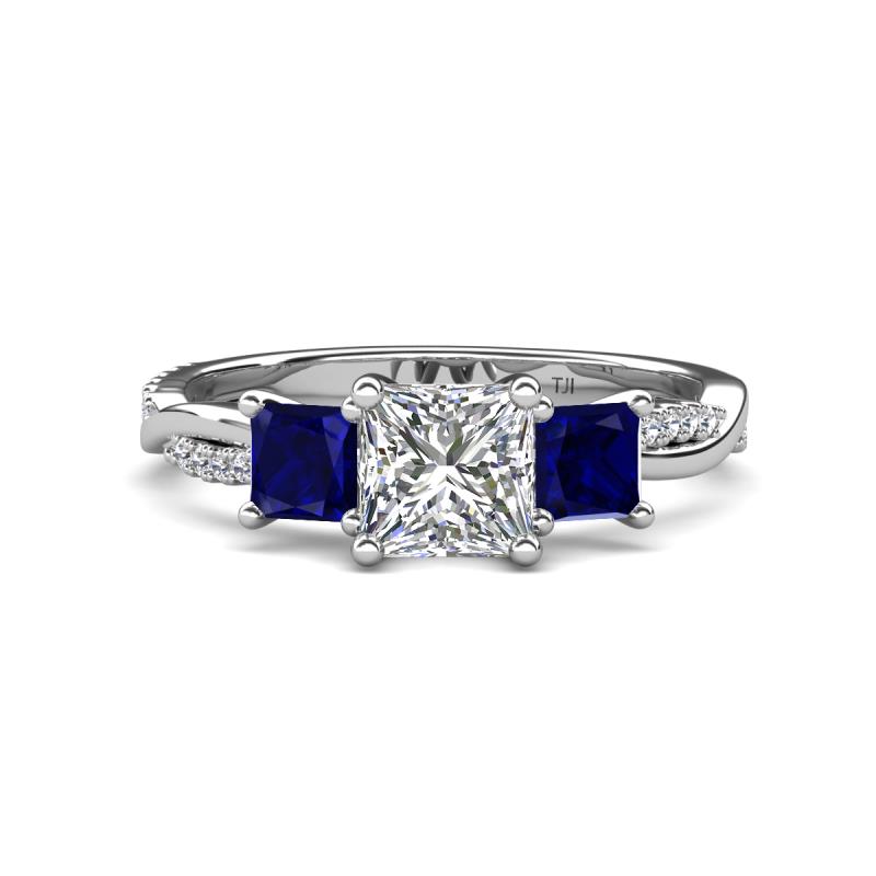 2.36 ctw (6.50 mm) IGI Certified 3 Stone Princess Cut Lab Grown Diamond  (VS1/F) and Blue Sapphire Twisted Vine Engagement Ring