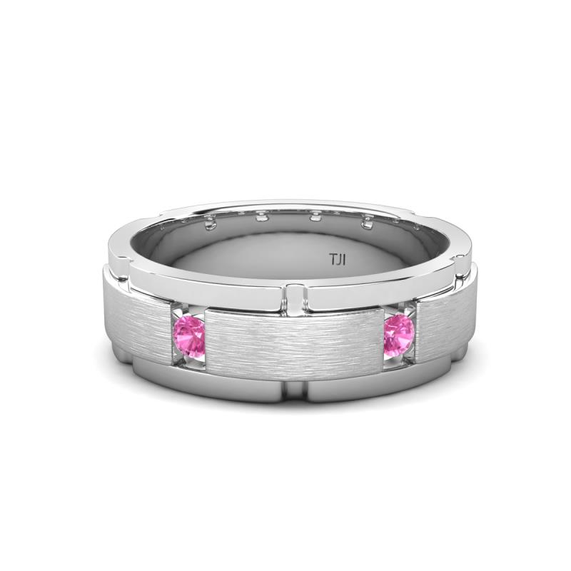 Laken 0.28 ctw (2.50 mm) Round Pink Sapphire Satin Finished Center and Polished Edges with Grooved Lines Men Wedding Band 