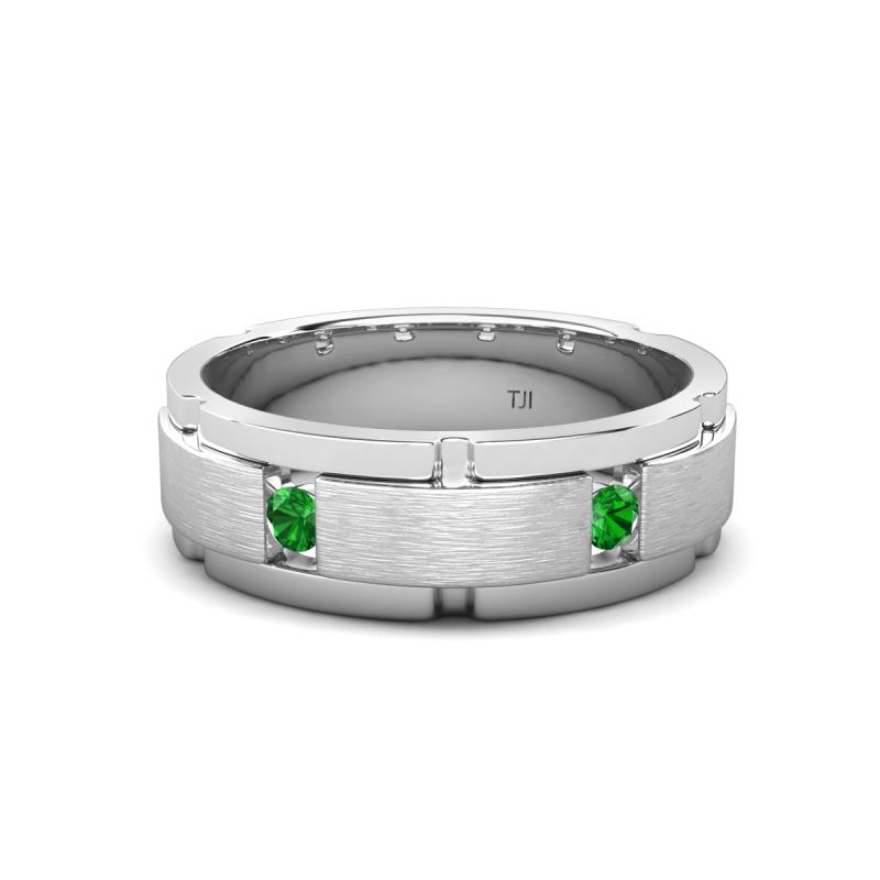 Laken 0.27 ctw (2.50 mm) Round Green Garnet Satin Finished Center and Polished Edges with Grooved Lines Men Wedding Band 