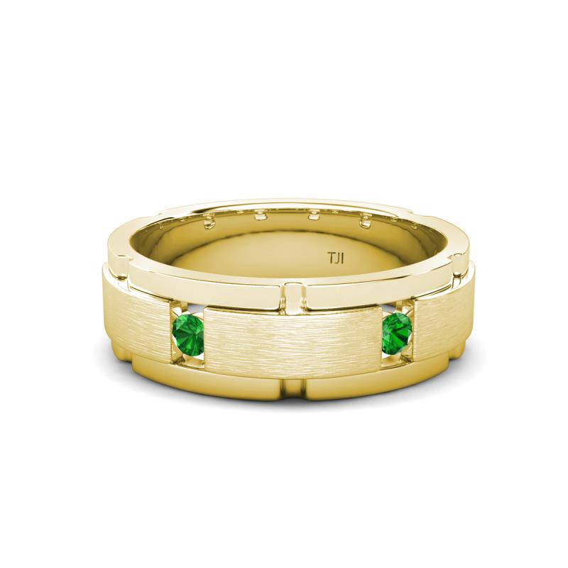 Laken 0.27 ctw (2.50 mm) Round Green Garnet Satin Finished Center and Polished Edges with Grooved Lines Men Wedding Band 