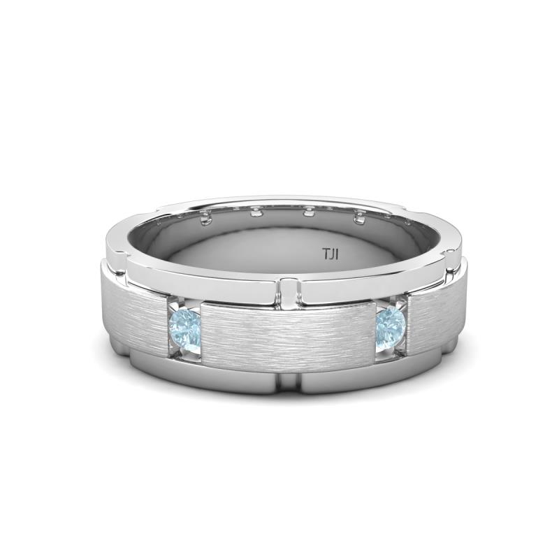 Laken 0.16 ctw (2.50 mm) Round Aquamarine Satin Finished Center and Polished Edges with Grooved Lines Men Wedding Band 