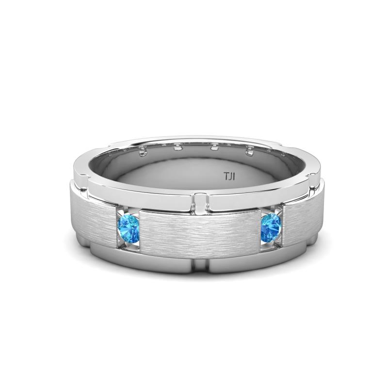 Laken 0.20 ctw (2.50 mm) Round Blue Topaz Satin Finished Center and Polished Edges with Grooved Lines Men Wedding Band 