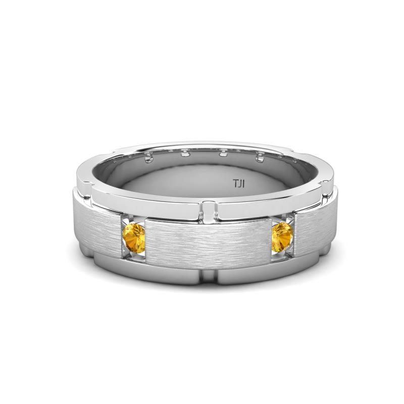 Laken 0.16 ctw (2.50 mm) Round Citrine Satin Finished Center and Polished Edges with Grooved Lines Men Wedding Band 