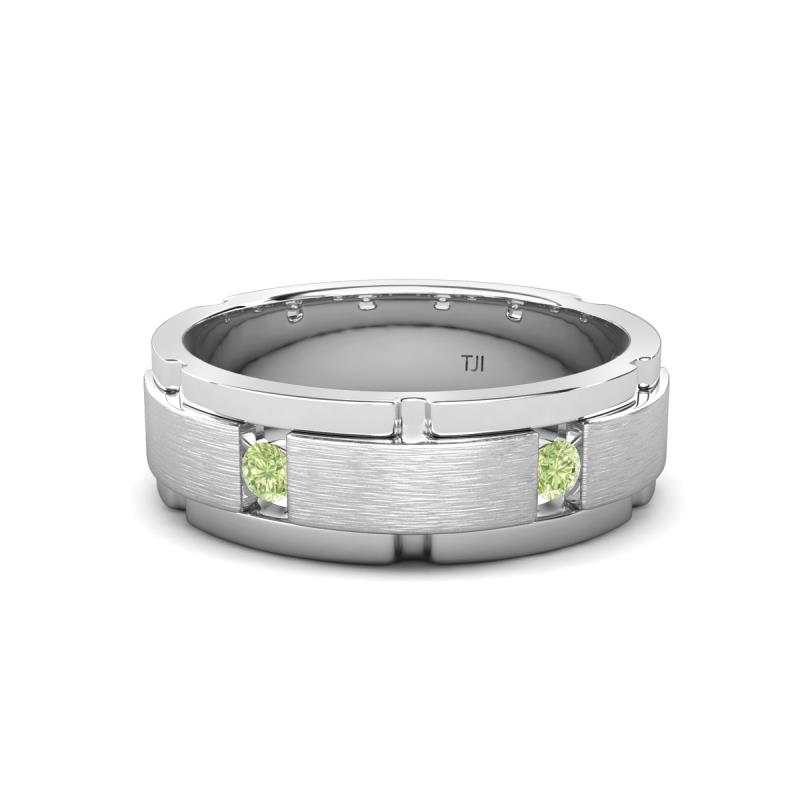Laken 0.27 ctw (2.50 mm) Round Peridot Satin Finished Center and Polished Edges with Grooved Lines Men Wedding Band 